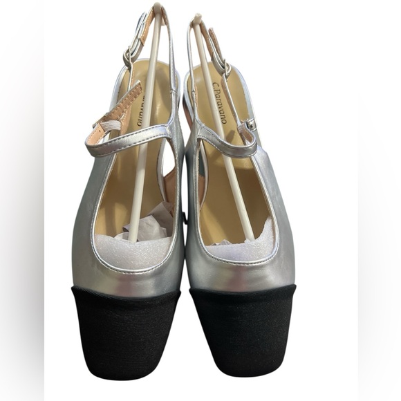 New C.Paravano Silver & Black leather Slingback Square Toe Ankle Strap Sandals 7 - Picture 4 of 16
